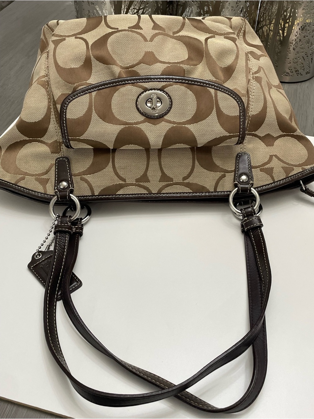 Coach Signature Turnlock Canvas Tote Bag Brown Leather Trim - Picture 9 of 10